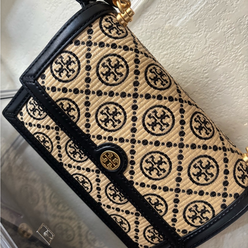 Tory Burch Black and Beige Patterned Shoulder Bag